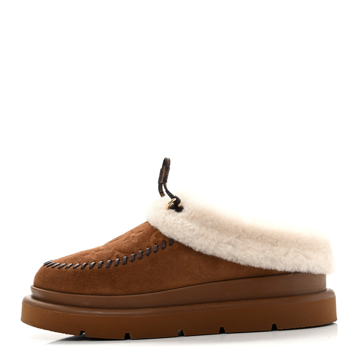 Suede Calfskin Shearling Monogram Debossed Cortina Closed Mule 39 Light Beige