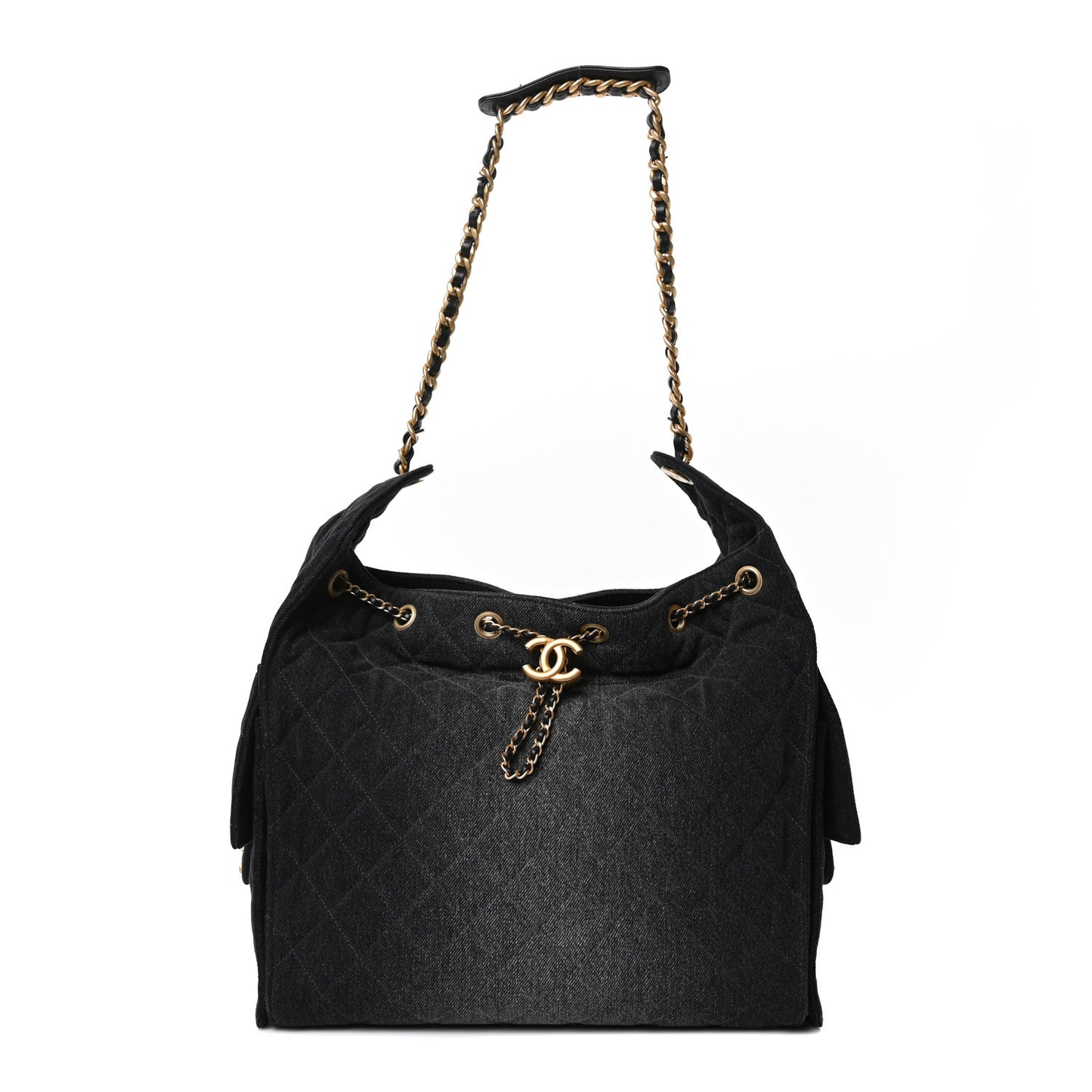 Washed Denim Quilted Medium Chanel 25 Handbag Black