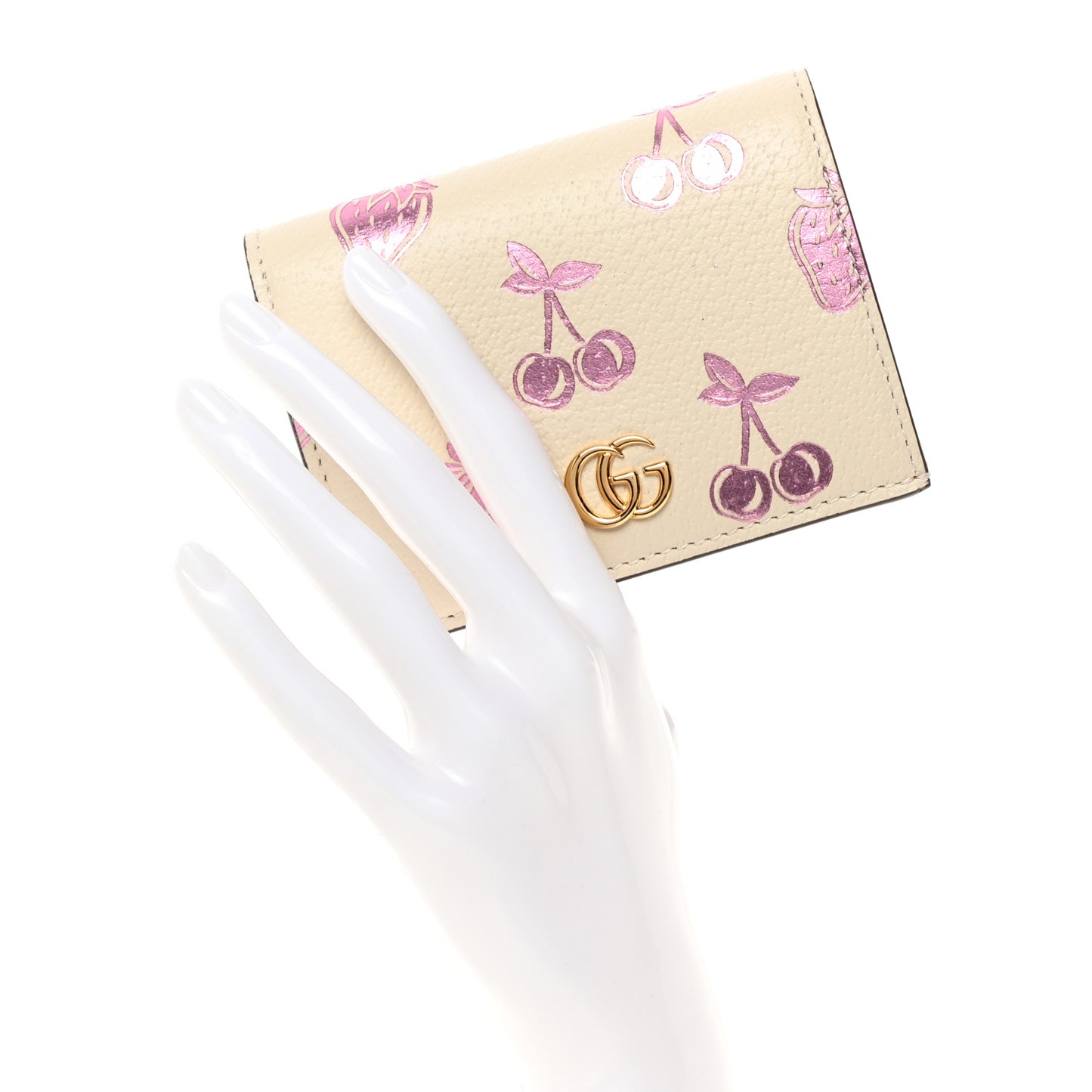 Textured Dollar Calfskin Berry Print GG Marmont Card Case Mystic White Light Pink