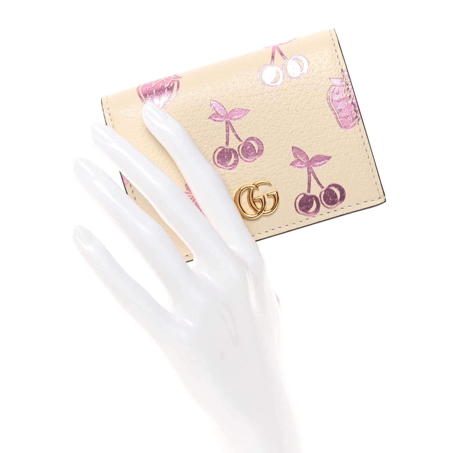 Gucci Textured Dollar Calfskin Berry Print GG Marmont Card Case Mystic White Light Pink 1 of 10