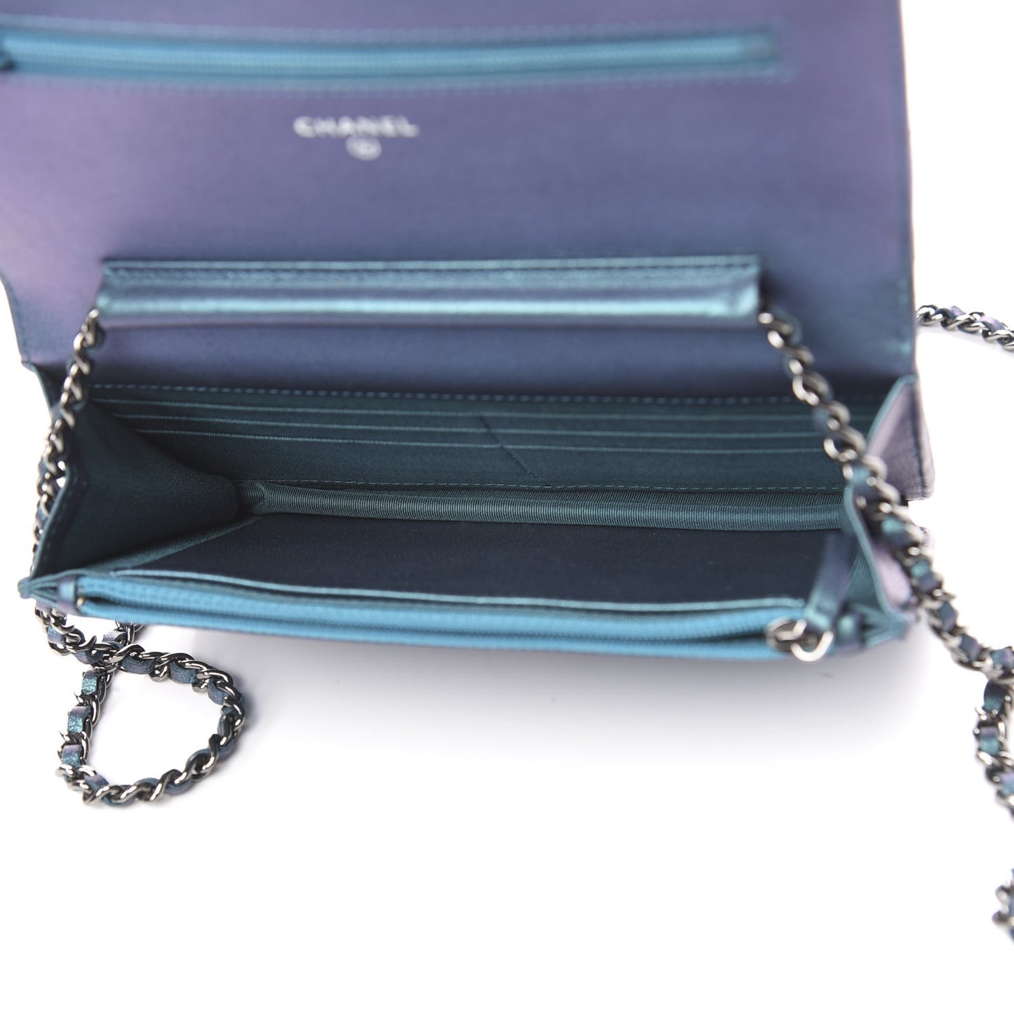 Metallic Lambskin Wallet On Chain WOC Turquoise