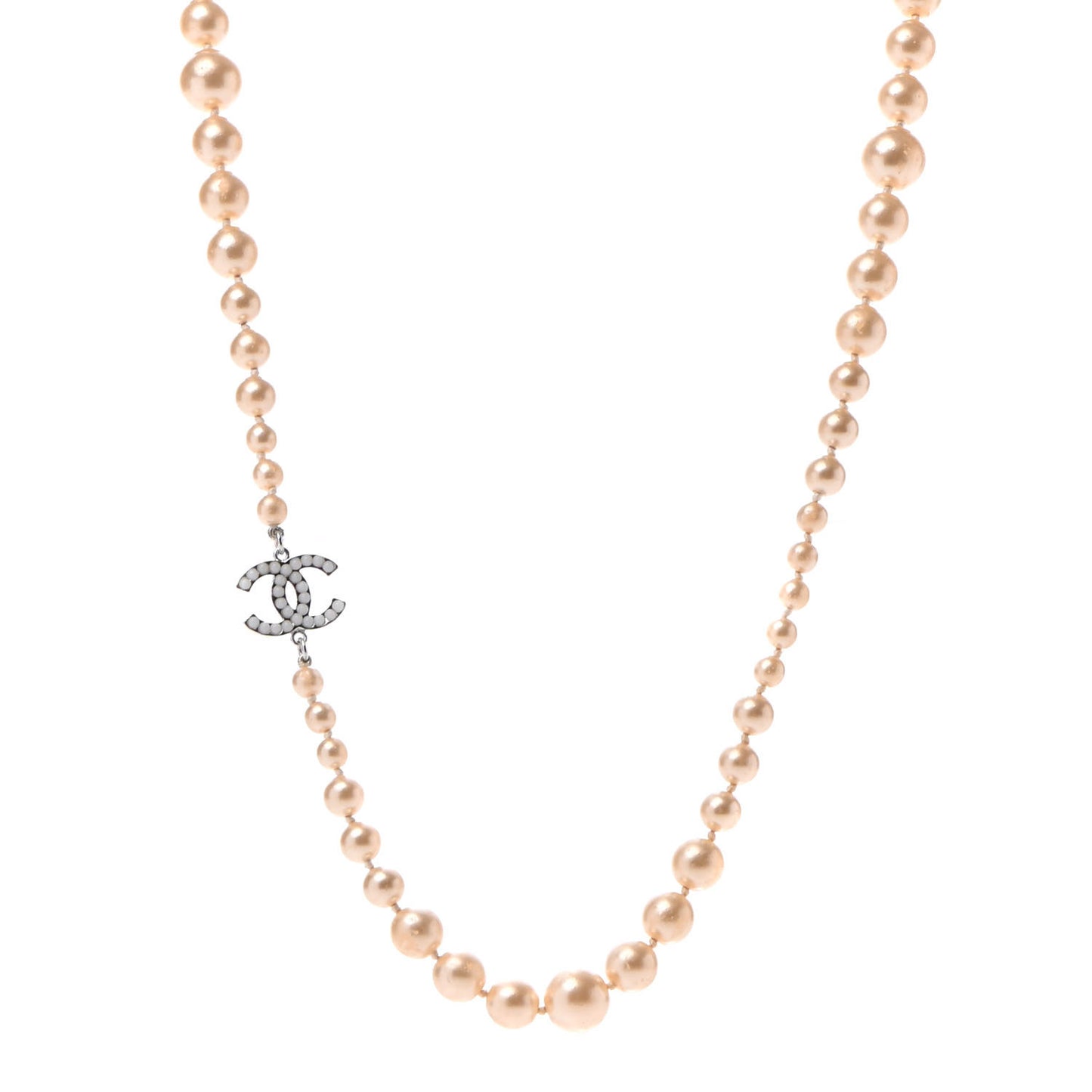 Graduated Pearl CC Long Necklace Silver