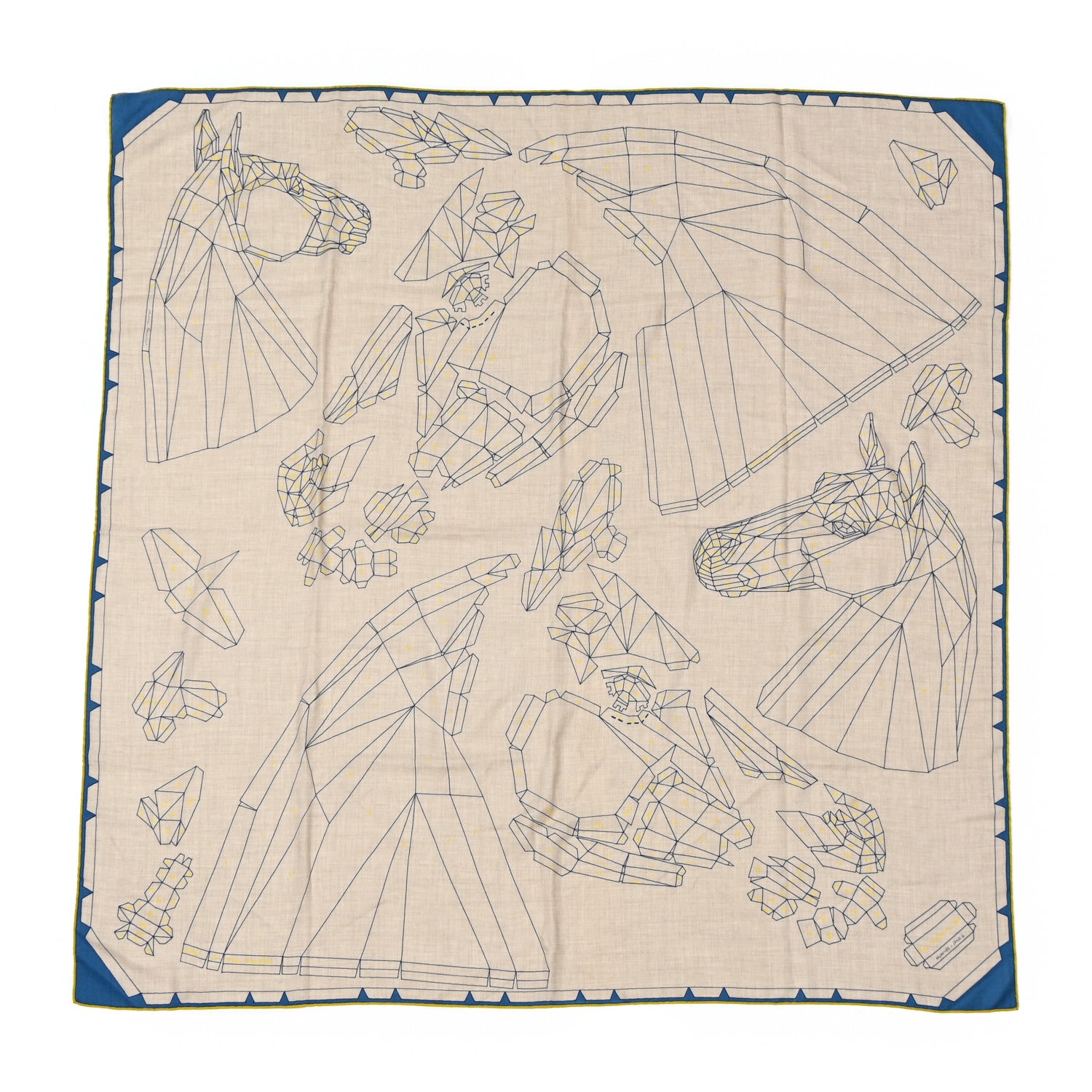 Hermes Cashmere Silk Se Plier Jeu Shawl 140 Naturel Indigo Jaune 1 of 5