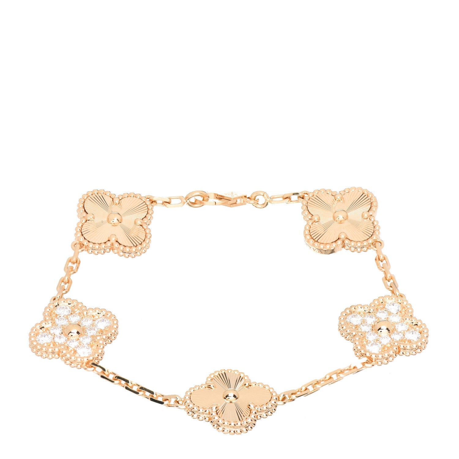 Van Cleef & Arpels 18K Yellow Gold Diamond 5 Motifs Guilloche Vintage Alhambra Bracelet 1 of 4