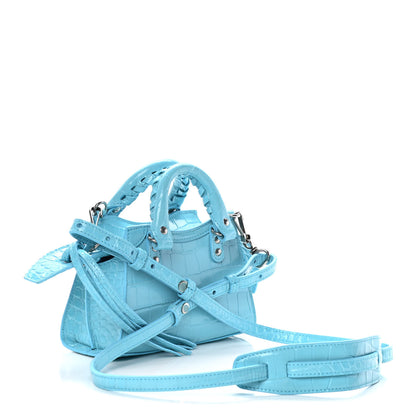 Balenciaga Calfskin Crocodile Embossed Neo Classic Silver Hardware Nano City Crossbody Azur 3 of 14