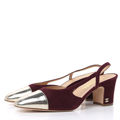Chanel Kid Suede Metallic Lambskin Cap Toe CC Slingback Pumps 38.5 Burgundy Gold 3 of 9