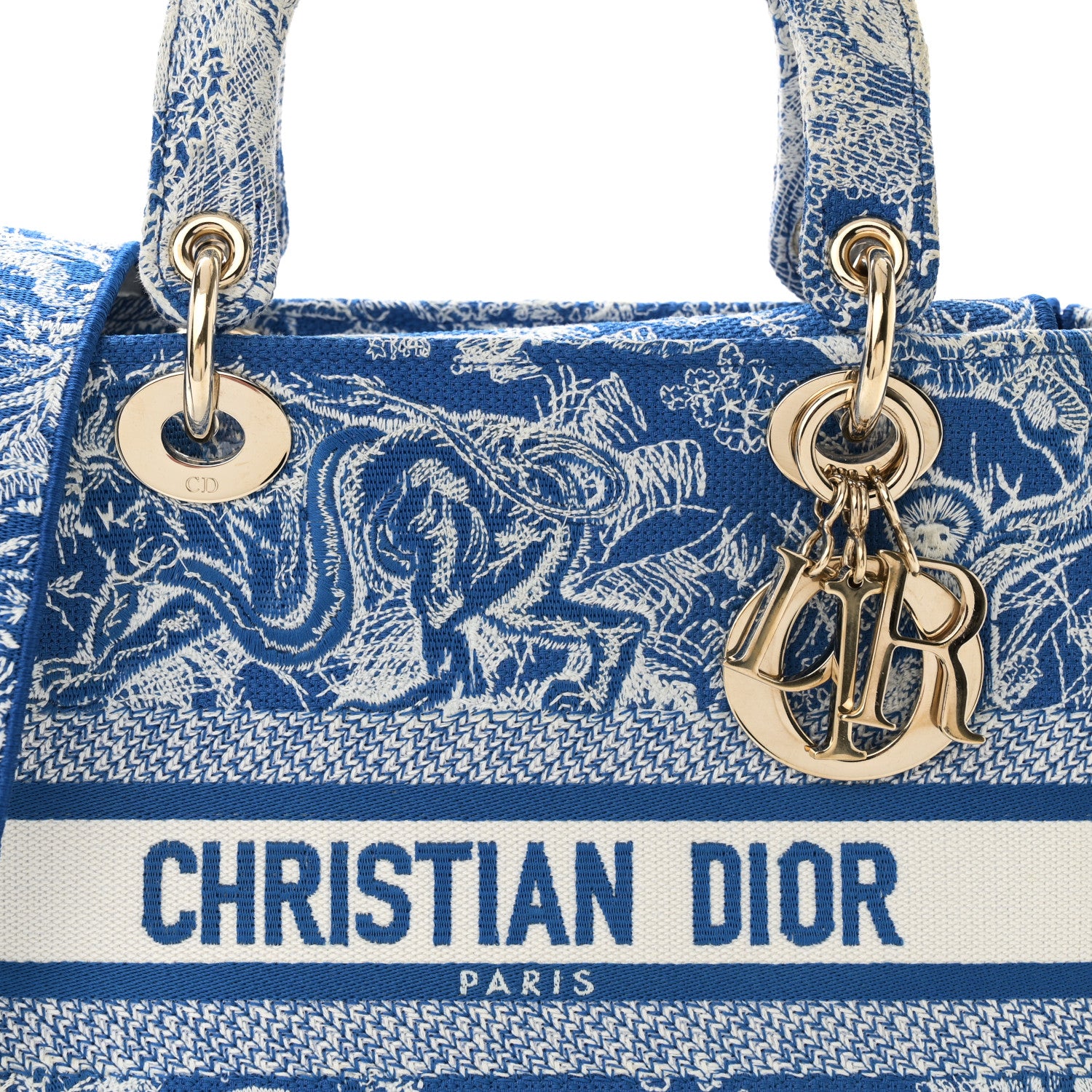Christian Dior Canvas Toile De Jouy Reverse Embroidered Medium Lady D-Lite Fluorescent Blue 7 of 9