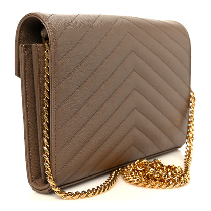 Saint Laurent Grain De Poudre Matelasse Chevron Monogram Chain Wallet Dark Beige 3 of 9