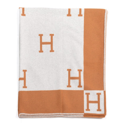 Hermes Wool Cashmere Signature Classic Avalon Blanket Ecru Potiron 1 of 4