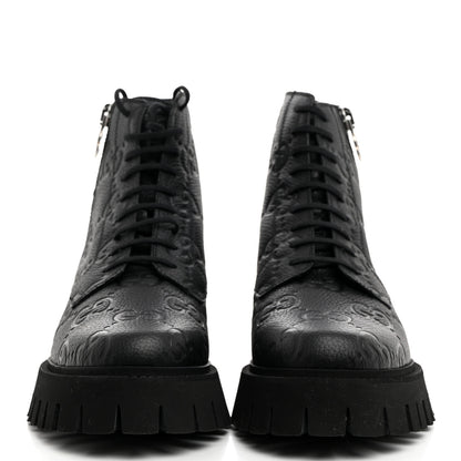 Gucci Calfskin Embossed Monogram Lace Up Ankle Boots 8 Black 2 of 9