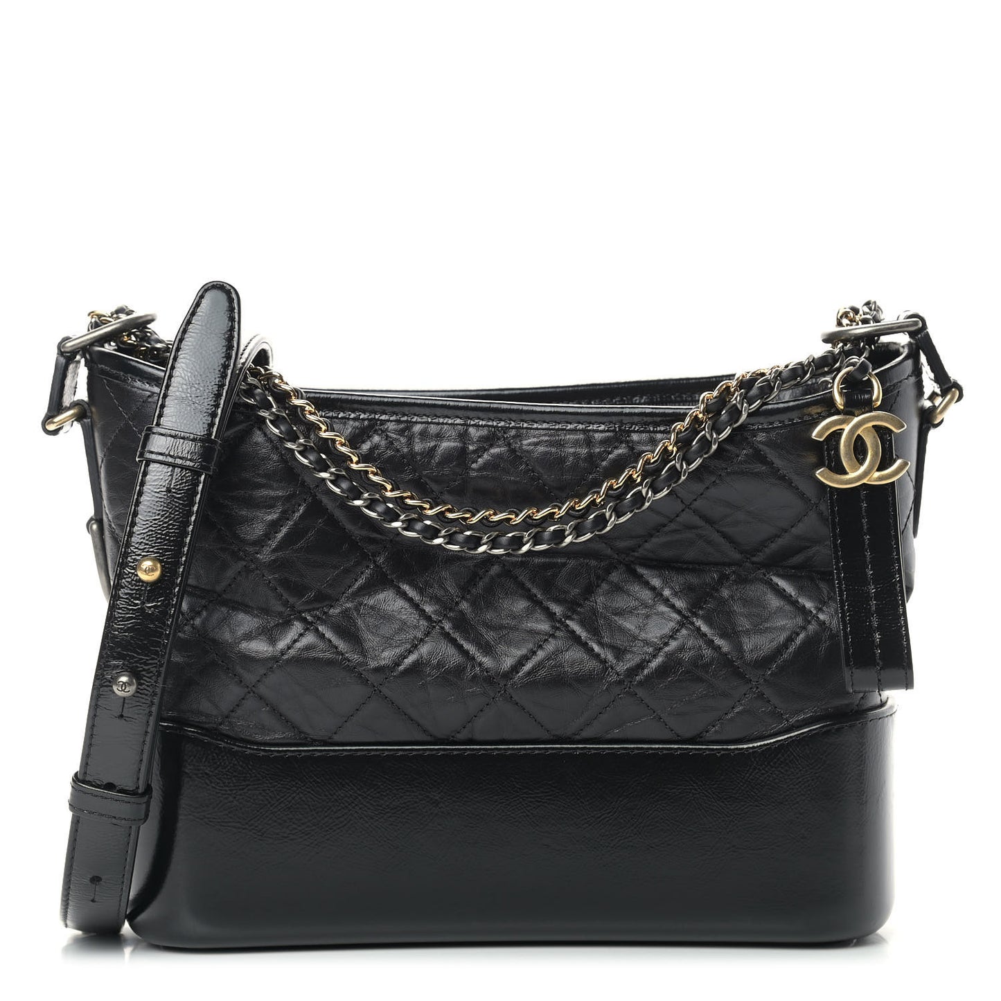 Aged Smooth Calfskin Quilted Medium Gabrielle Logo Hobo Black
