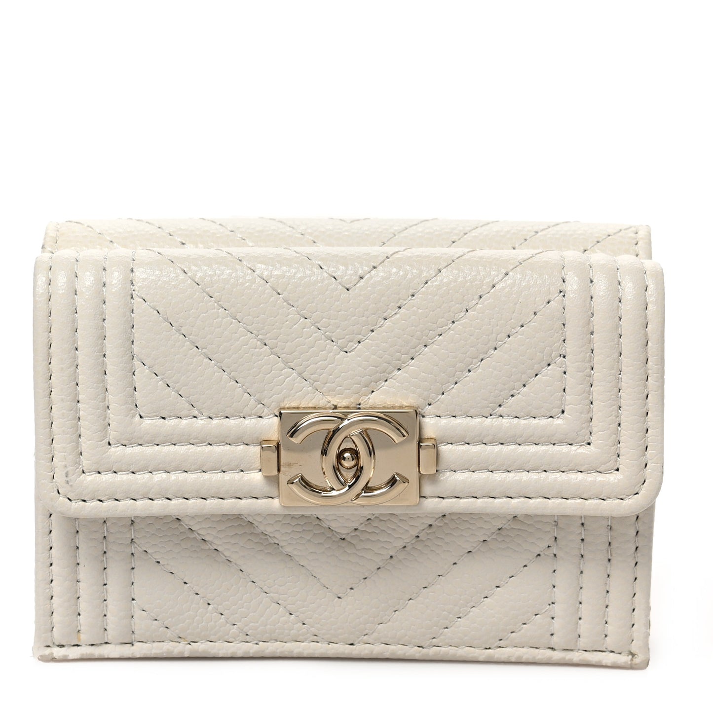 Caviar Chevron Quilted Small Boy Flap Wallet White