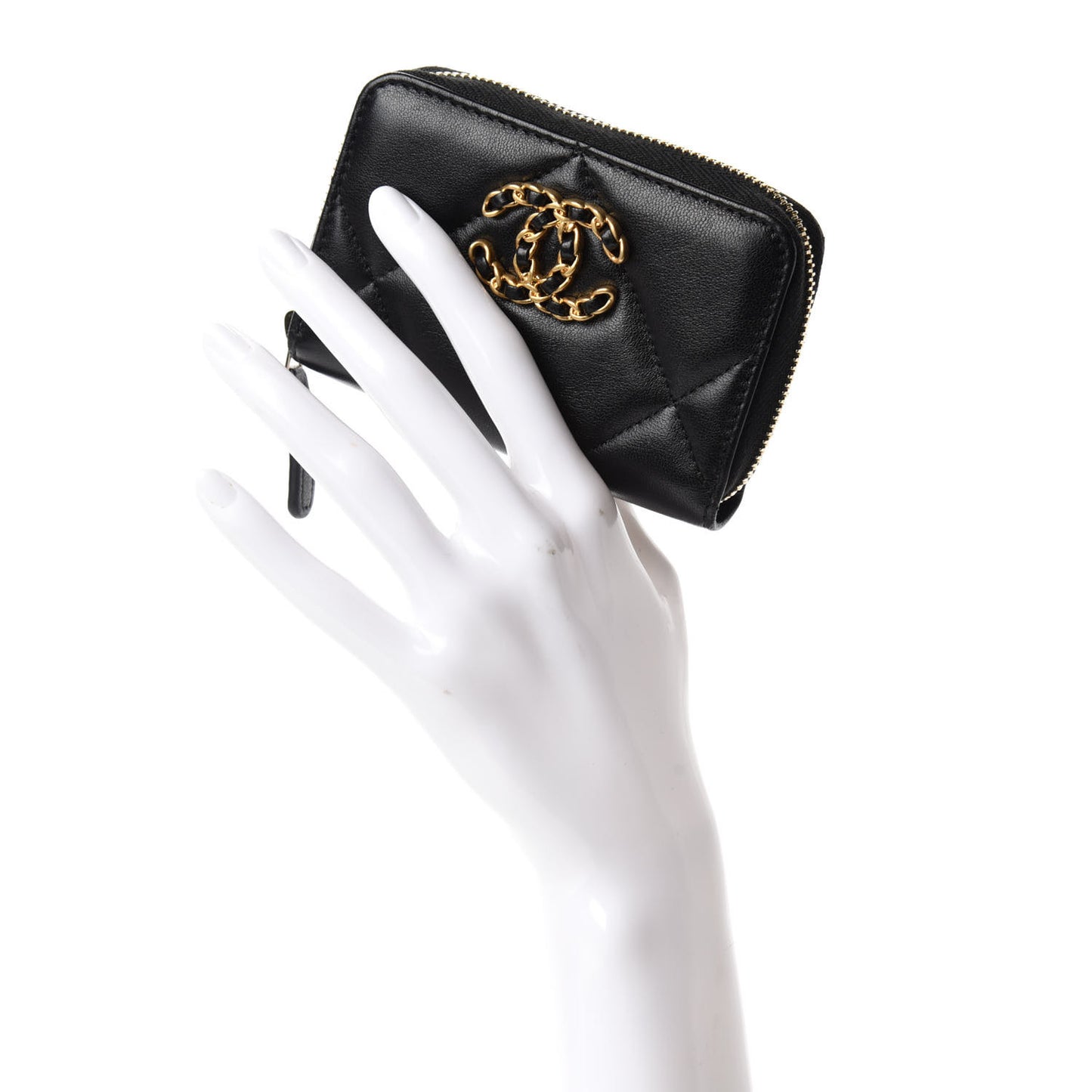 Lambskin Quilted Chanel 19 Zip Around Coin Purse Wallet Black