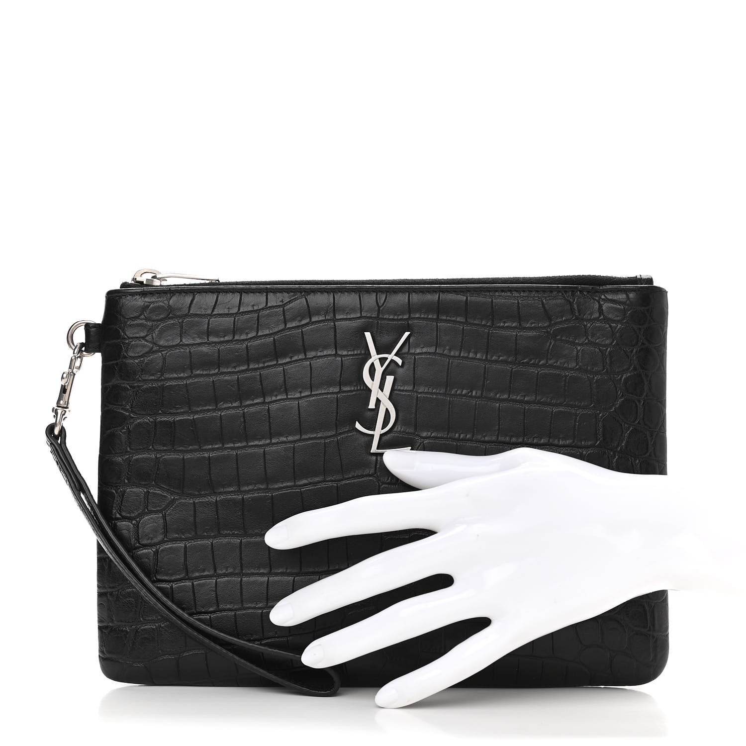 Saint Laurent Calfskin Crocodile Embossed Monogram Zip Pouch Black 2 of 11