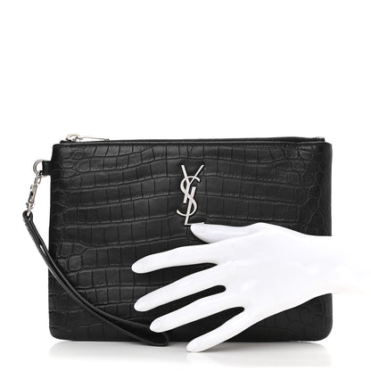 Saint Laurent Calfskin Crocodile Embossed Monogram Zip Pouch Black 2 of 11
