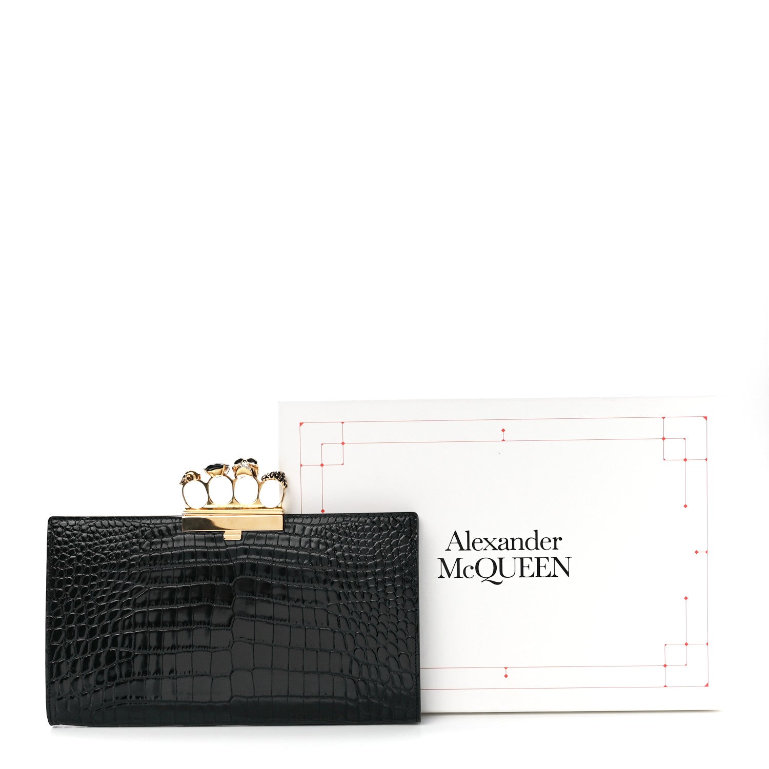 Alexander McQueen Calfskin Crocodile Embossed Knuckle Flat Clutch Black Gold 11 of 11