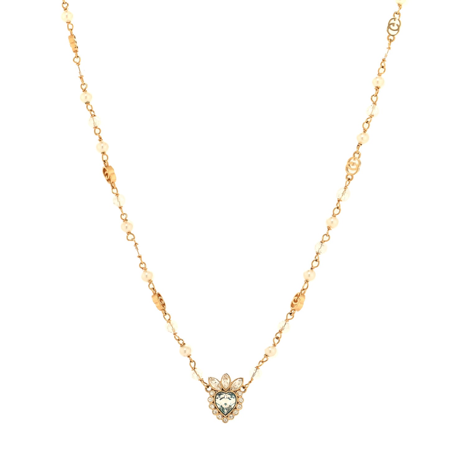 Metal Crystal Pearl Heart Necklace Gold