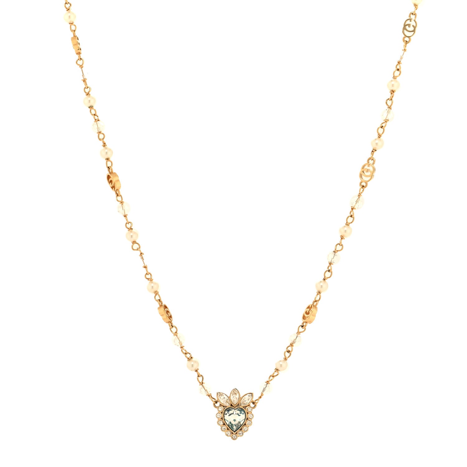 Gucci Metal Crystal Pearl Heart Necklace Gold 1 of 4