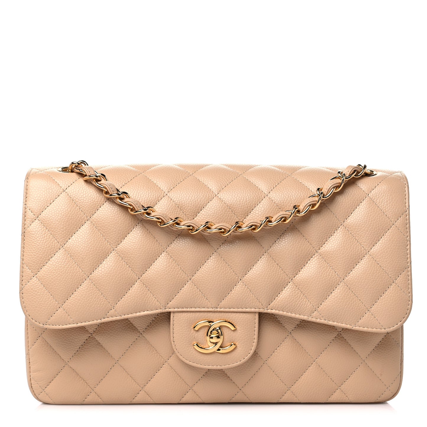 Caviar Quilted Jumbo Double Flap Beige Clair