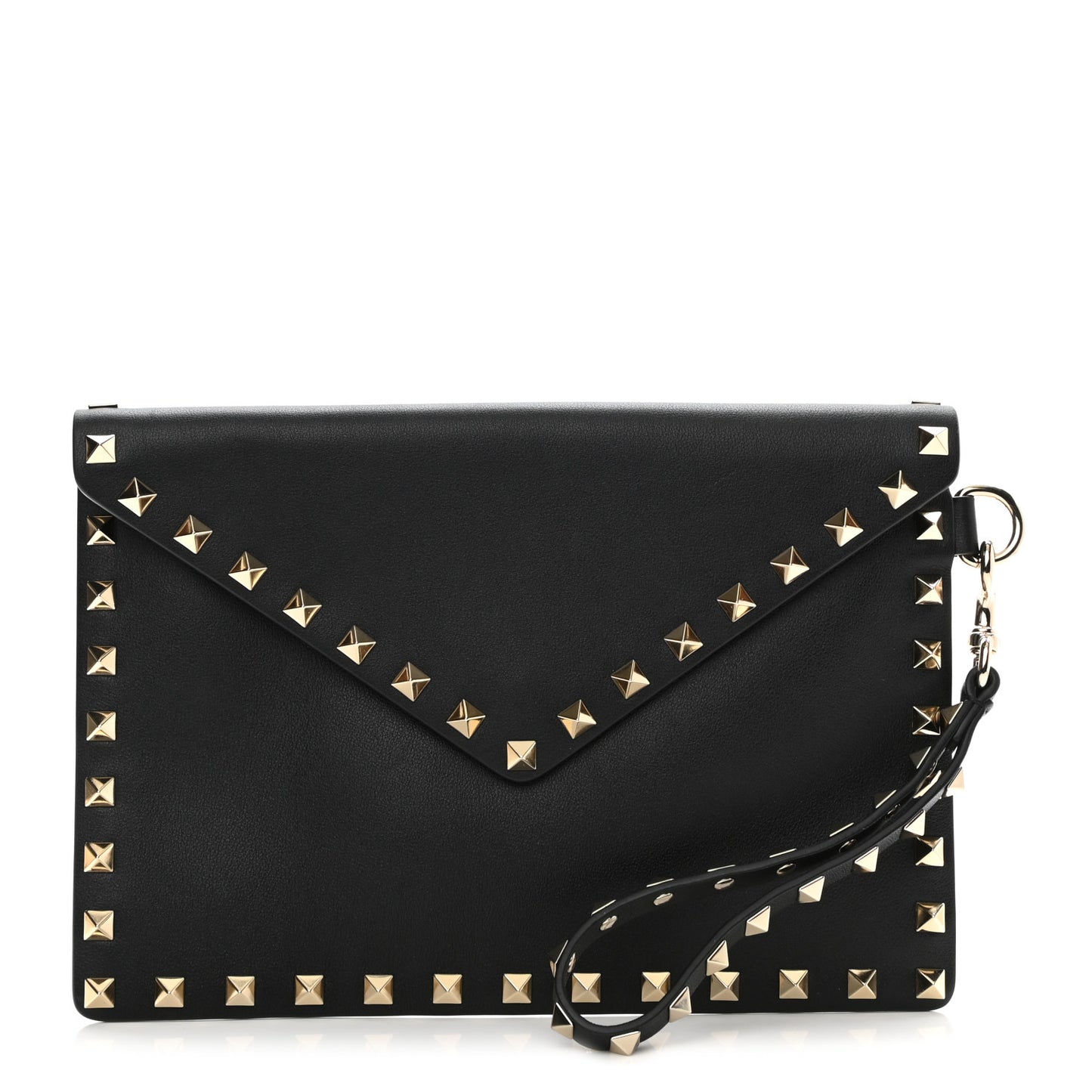 Vitello Medium Rockstud Envelope Flat Wristlet Pouch Black