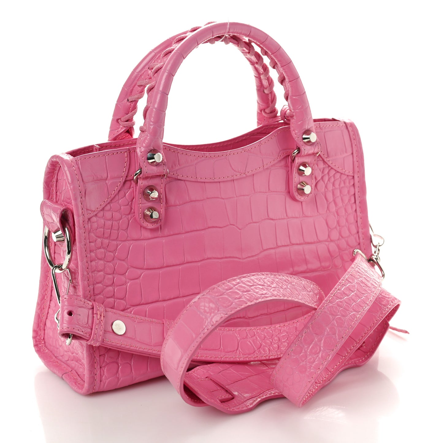 Shiny Supple Calfskin Crocodile Embossed Classic Silver Hardware Mini City Baby Pink