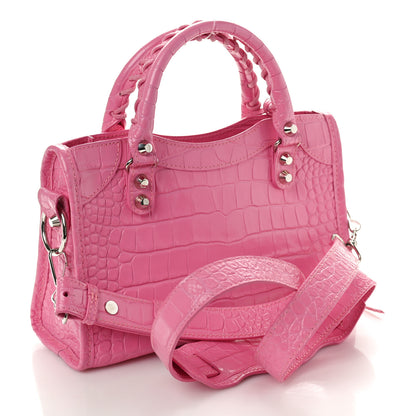 Balenciaga Shiny Supple Calfskin Crocodile Embossed Classic Silver Hardware Mini City Baby Pink 4 of 11