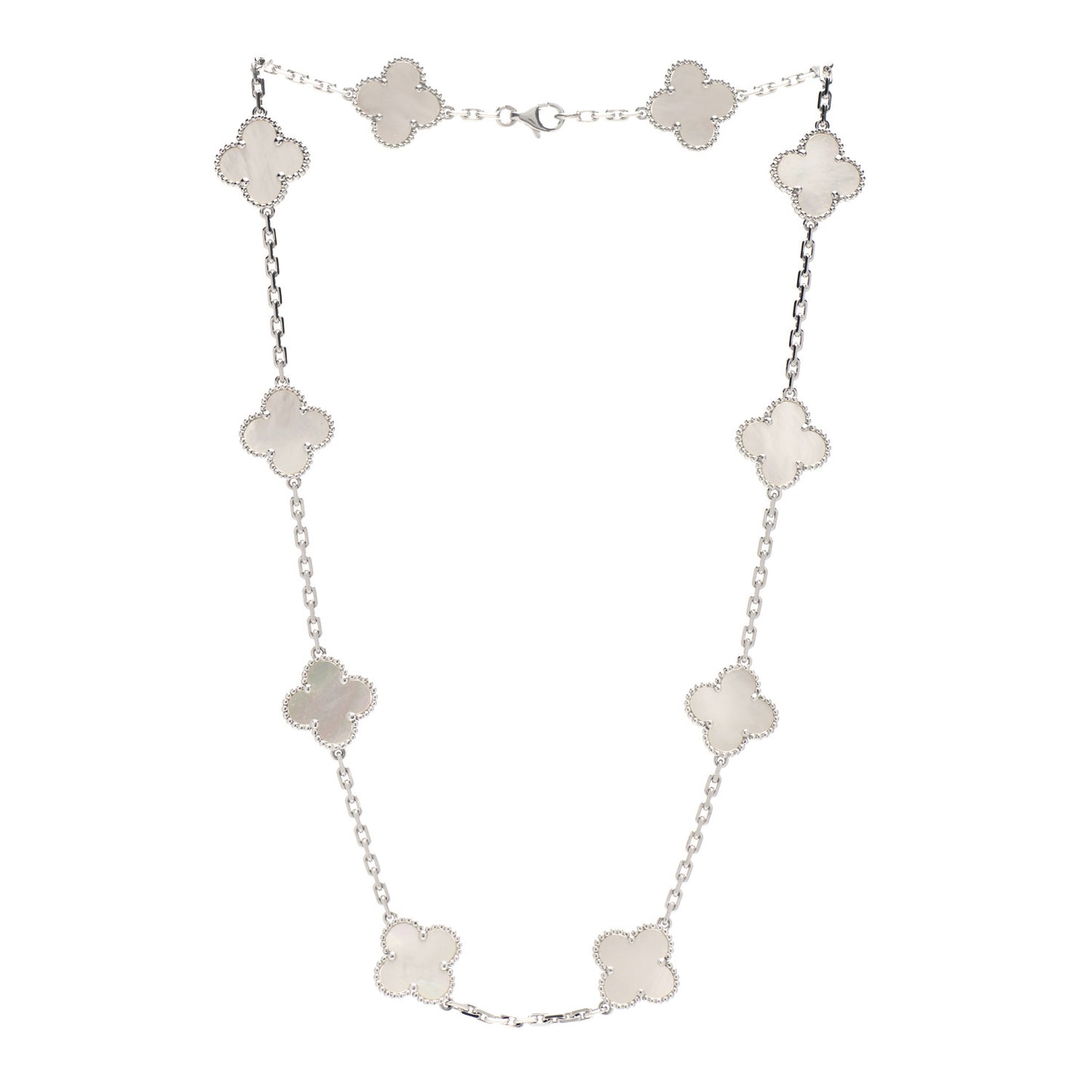 18K White Gold Mother of Pearl 10 Motifs Vintage Alhambra Necklace