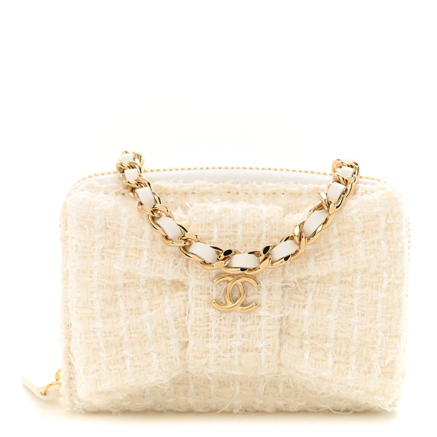 Chanel Tweed Quilted Bow Flap Card Holder On Chain White 1 of 12