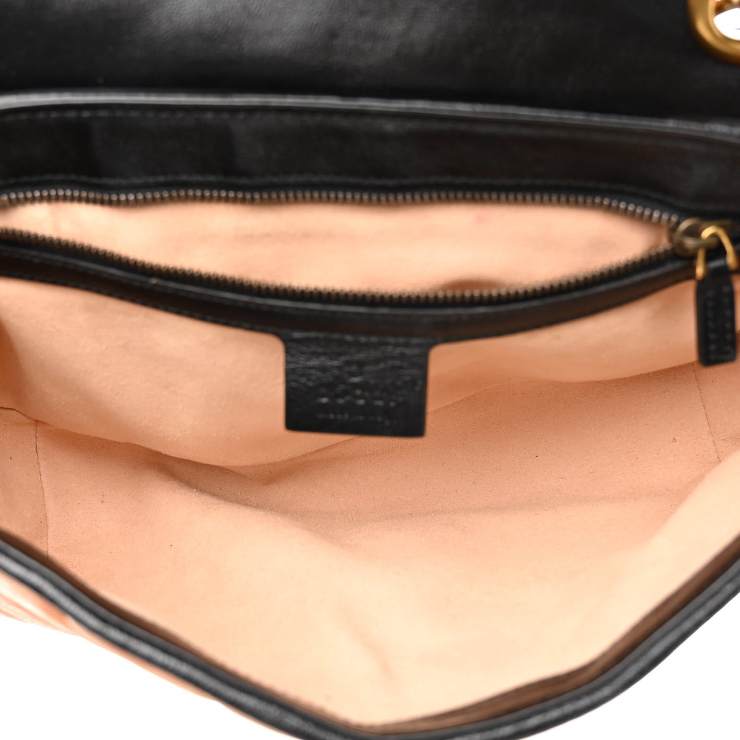 Vintage Effect Calfskin Matelasse Diagonal Small Torchon GG Marmont Shoulder Bag Cognac Black