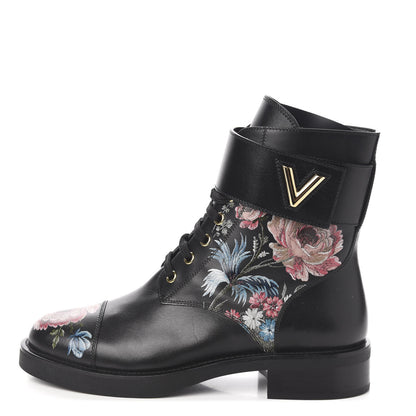 Louis Vuitton Calfskin Wonderland Ranger Flowers Boots 39 Black 1 of 8