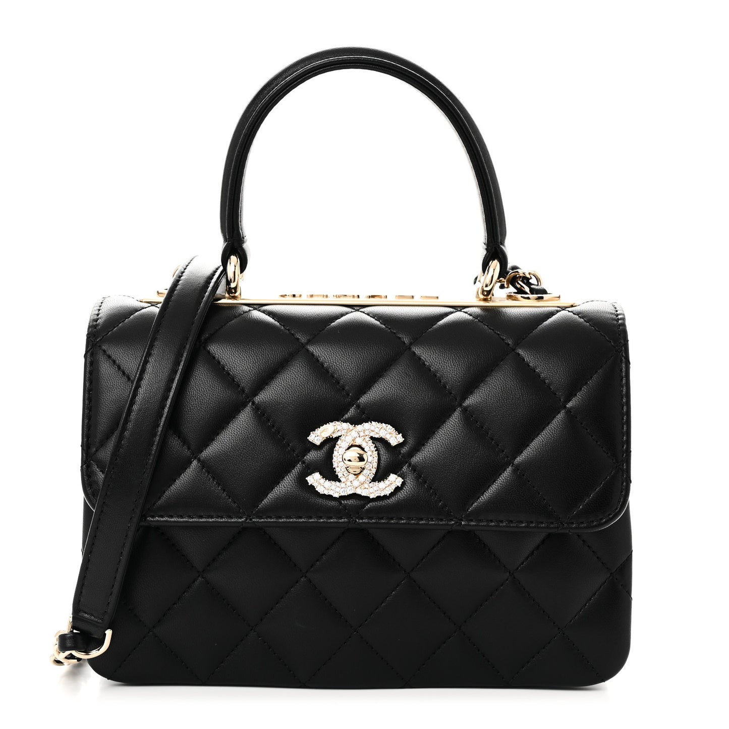 Lambskin Crystal Quilted Mini Trendy CC Dual Handle Flap Bag Black