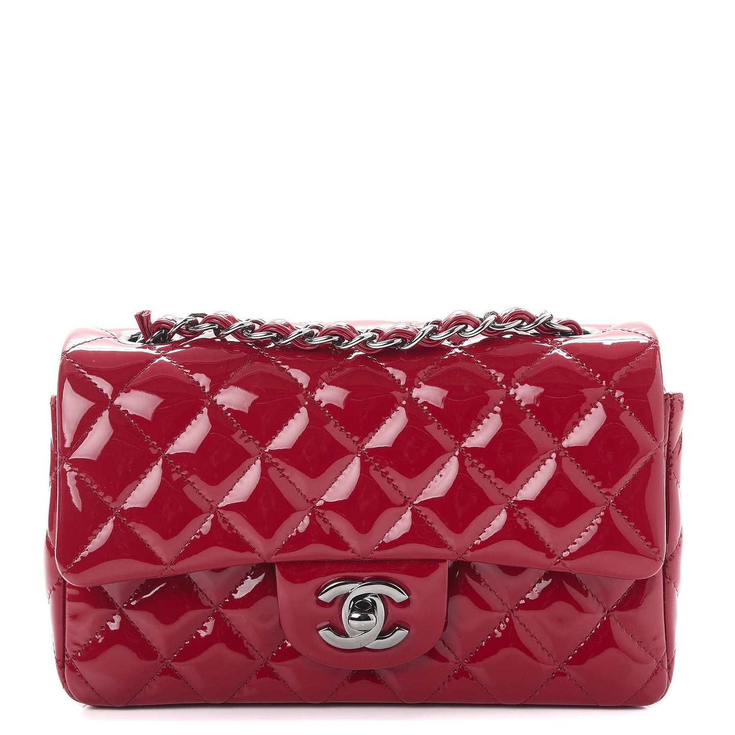 Patent Calfskin Quilted Mini Rectangular Flap Red