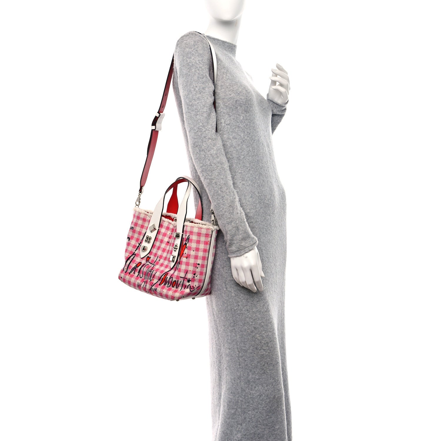 Christian Louboutin Canvas Gingham Printed Mini Frangibus Tote Pink White 2 of 7