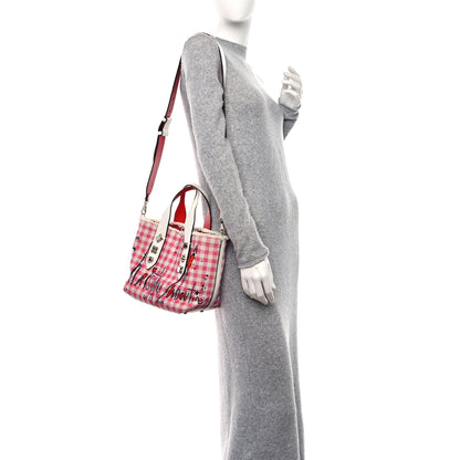 Christian Louboutin Canvas Gingham Printed Mini Frangibus Tote Pink White 2 of 7