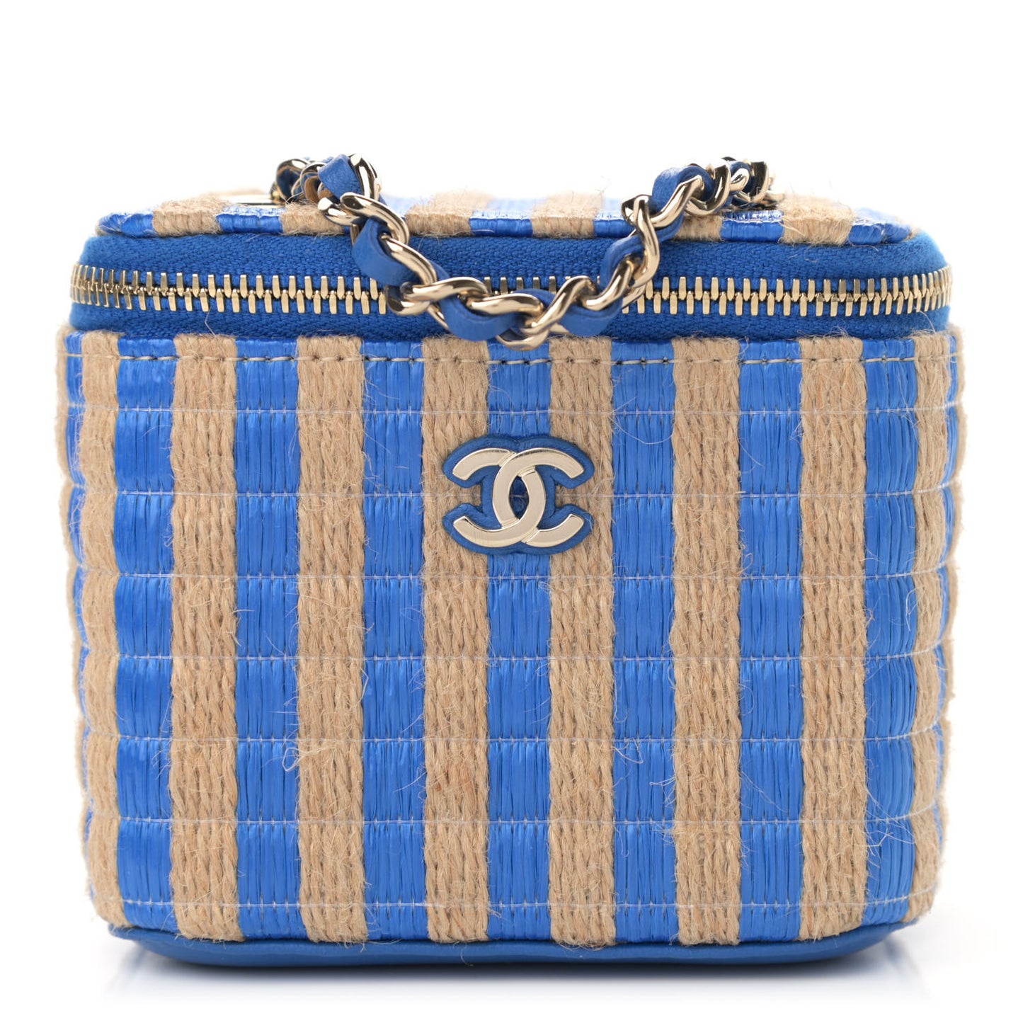 Raffia Jute Striped Mini Vanity Case With Chain Blue Beige