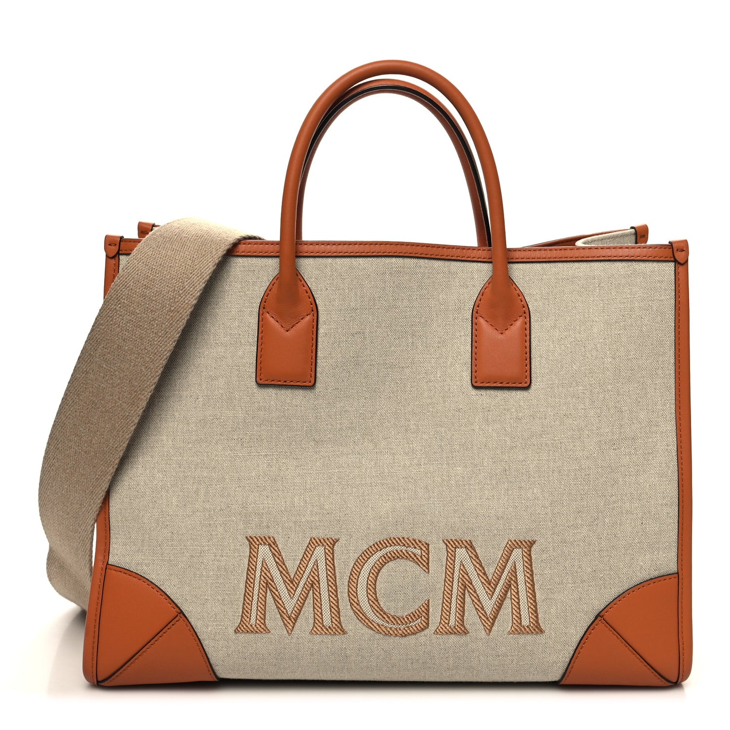 Calfskin Linen Large Munchen Tote Cognac