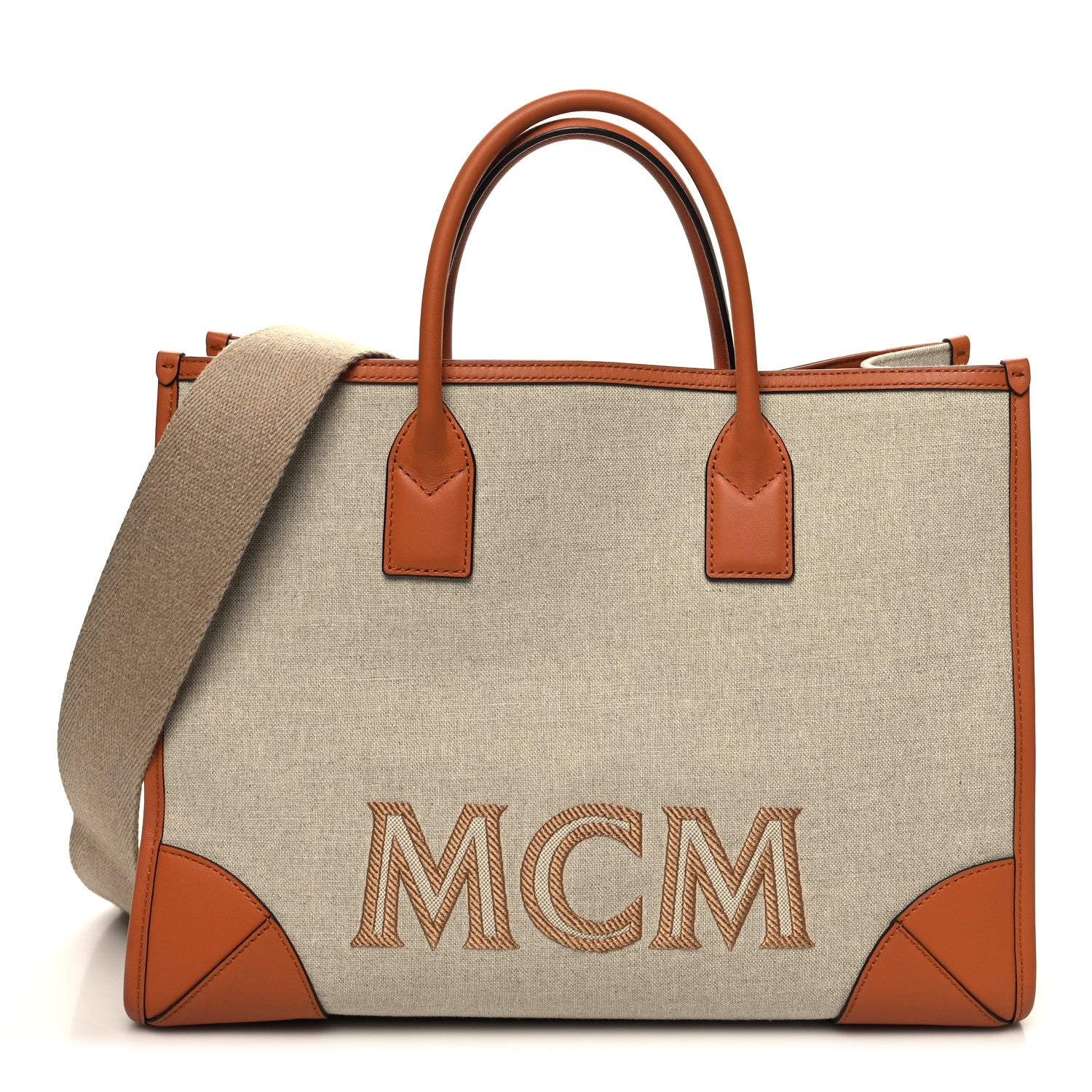 MCM Calfskin Linen Large Munchen Tote Cognac 3 of 12