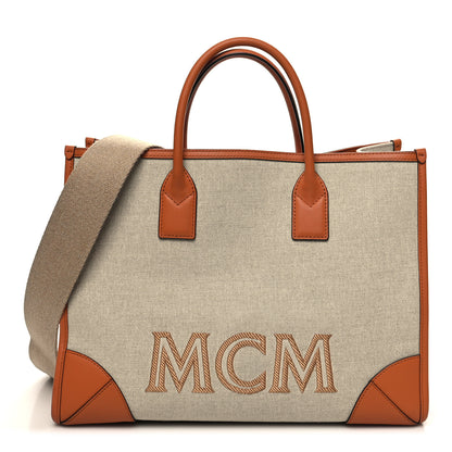 MCM Calfskin Linen Large Munchen Tote Cognac 3 of 12