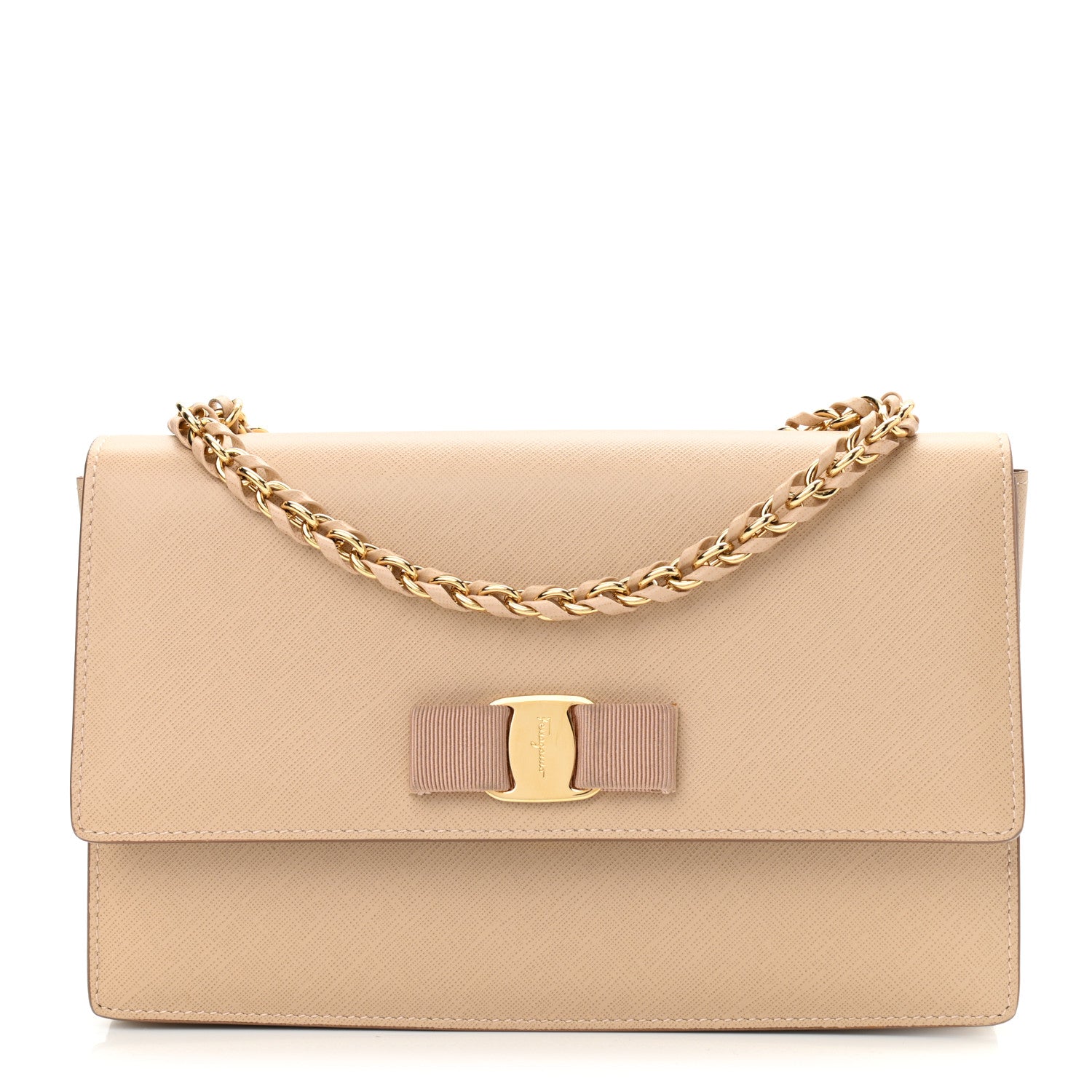 Salvatore Ferragamo Hammered Calfskin Vara Bow Chain Bag New Bisque 1 of 9