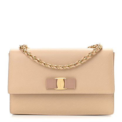 Salvatore Ferragamo Hammered Calfskin Vara Bow Chain Bag New Bisque 1 of 9