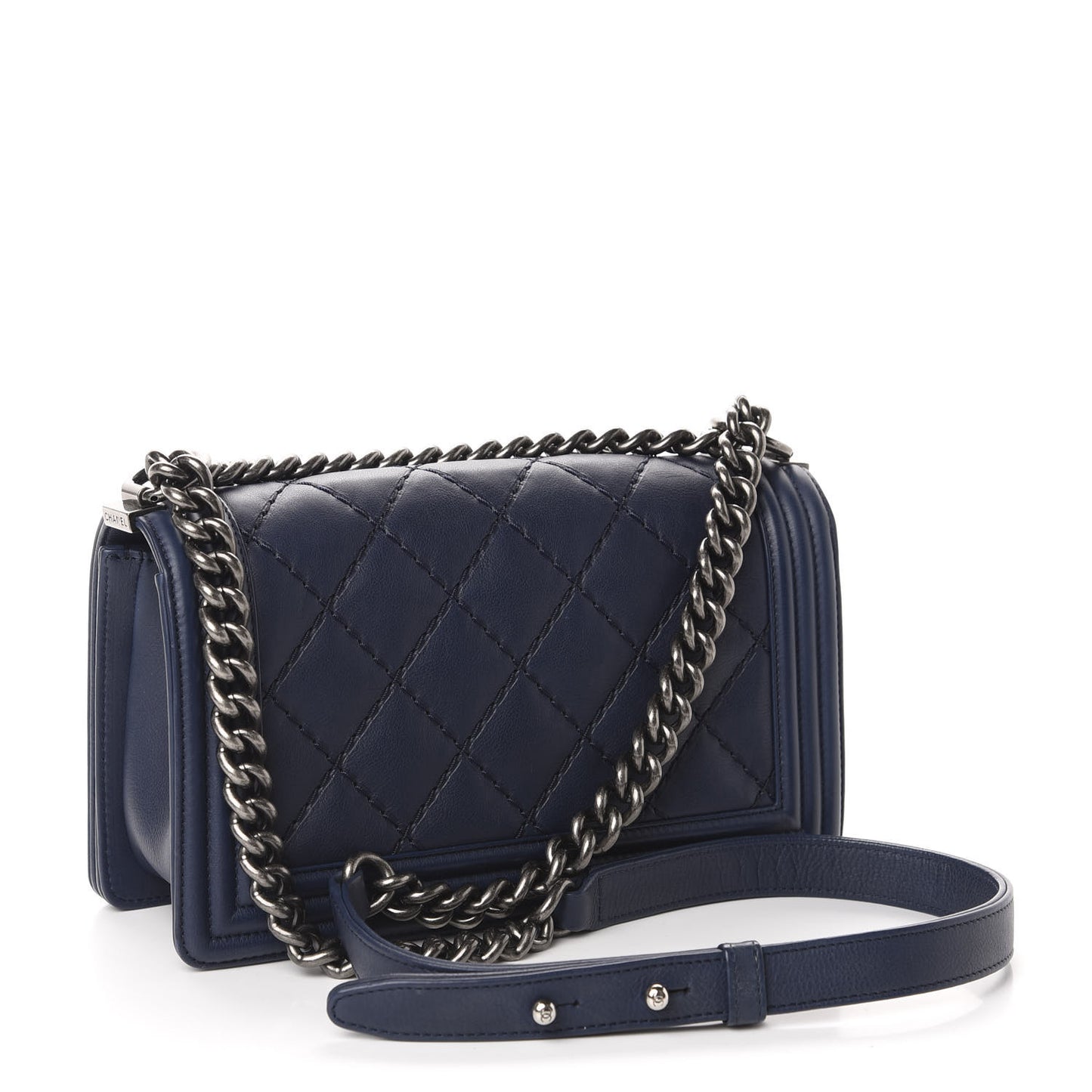 Calfskin Double Stitch Medium Boy Flap Navy Blue