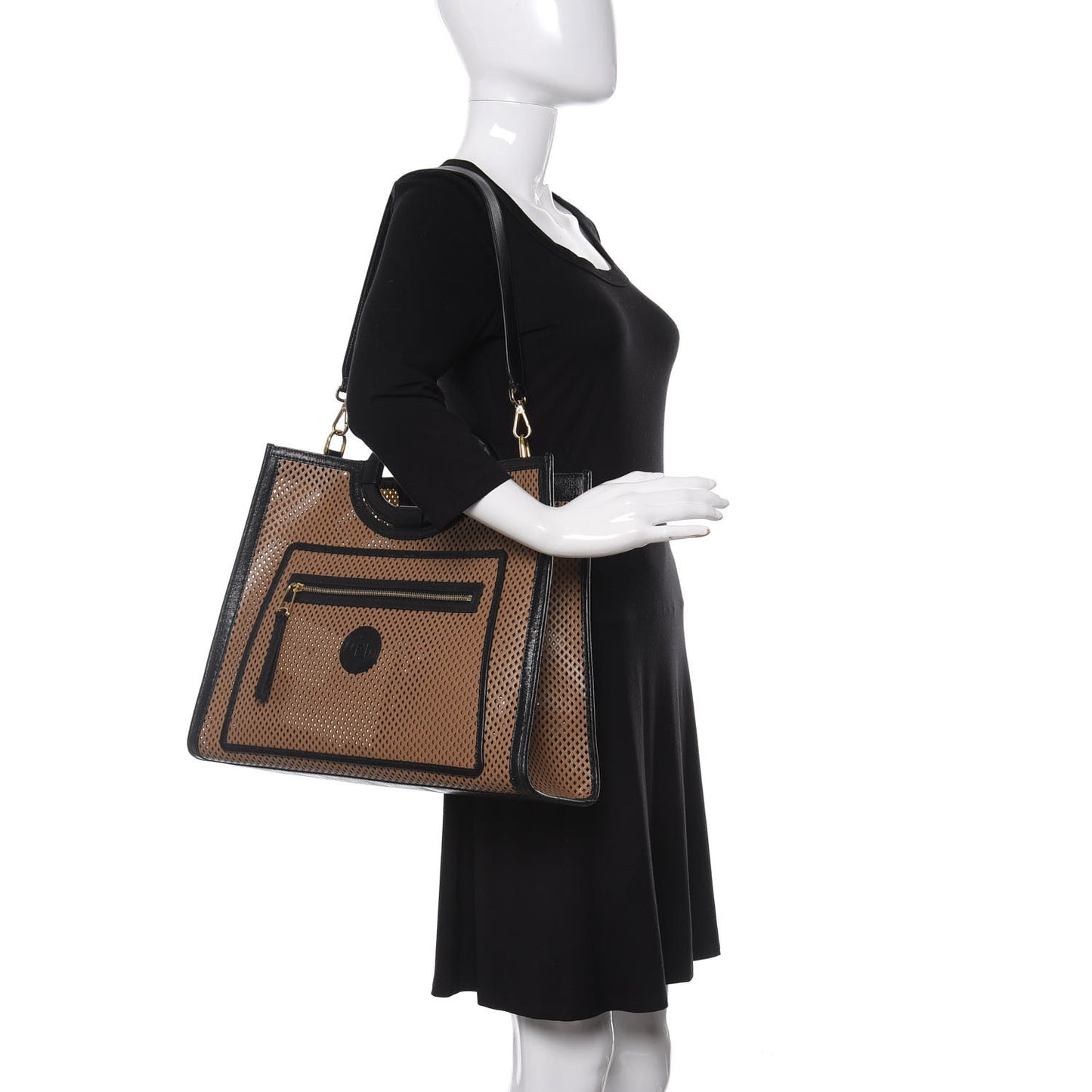 Vitello Liberty Glossy Lambskin Perforated Medium Runaway Shopper Tote Sand Mimosa Black
