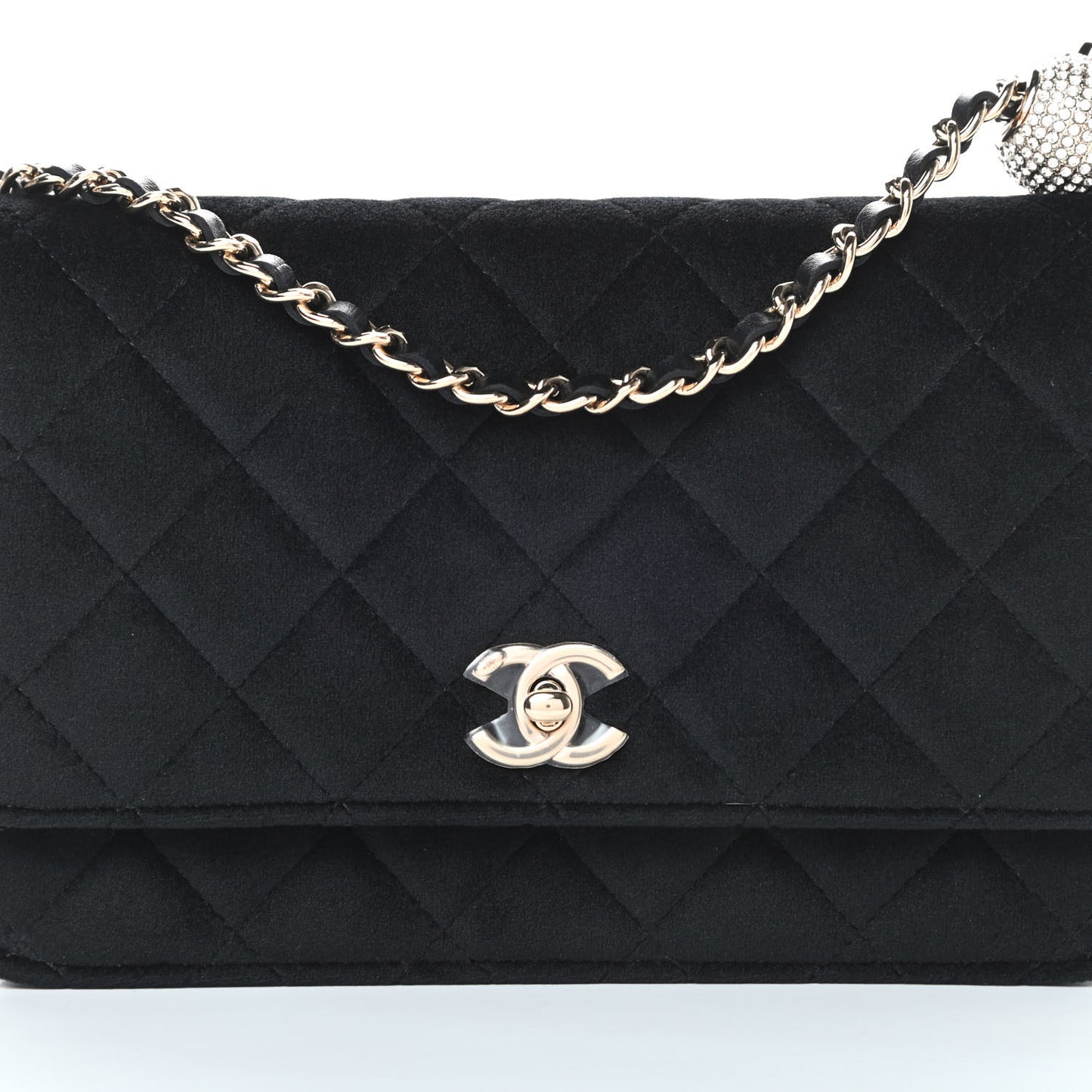 Velvet Quilted Pearl Crush Wallet On Chain WOC Black