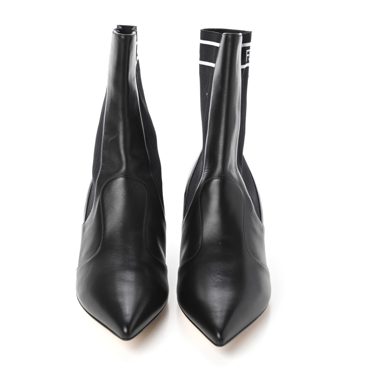 Fendi Vitellino Stretch Fabric Logo Rockoko Low Heel Sock Boots 37.5 Black White 2 of 9