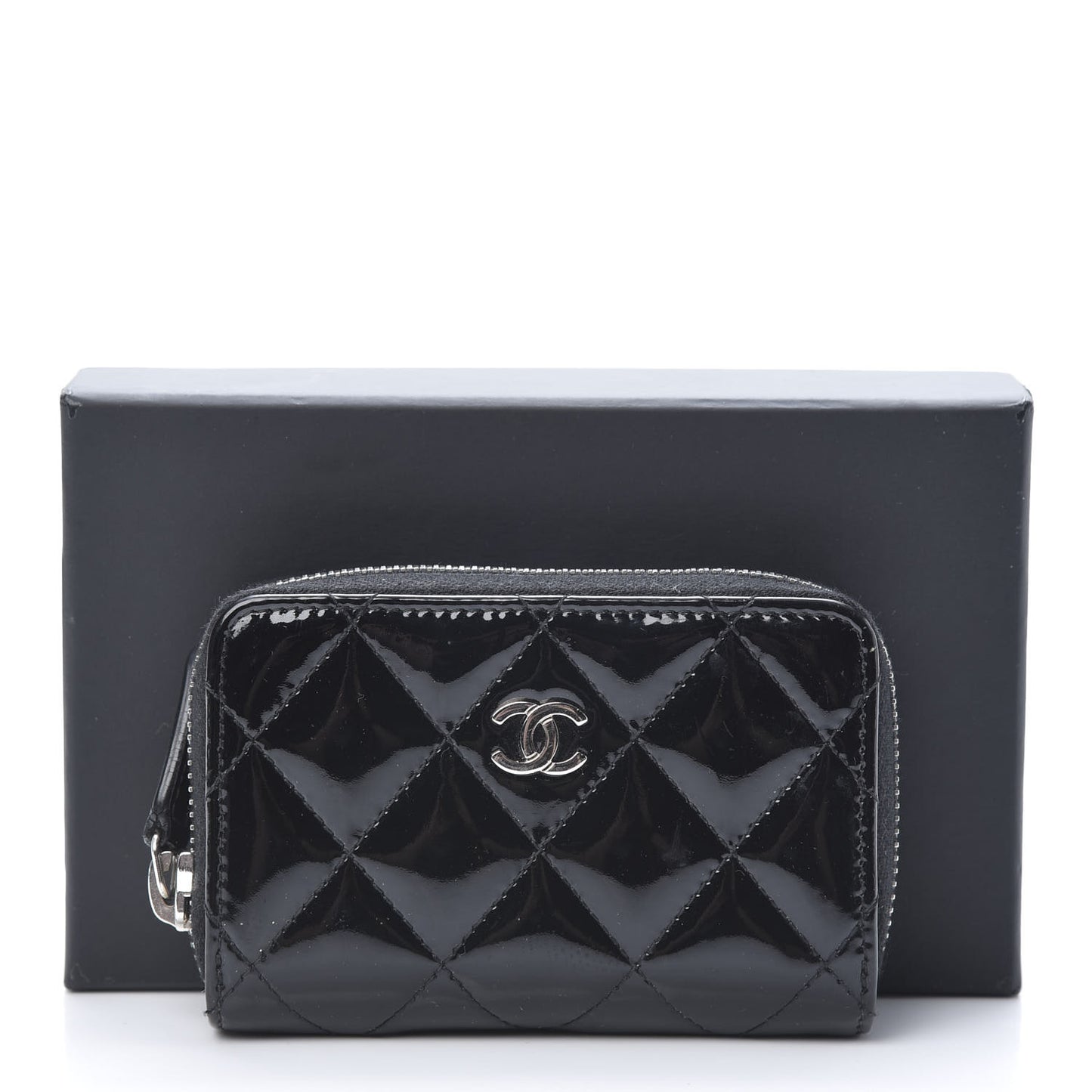 Patent Calfskin Quilted Zip Coin Purse Black
