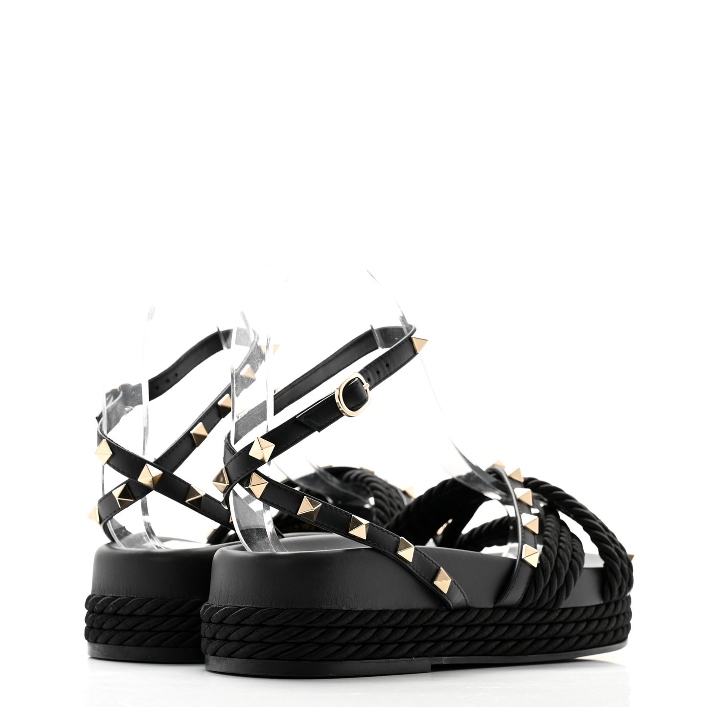 Calfskin Rockstud Torchon Flatform Espadrille Sandals 36 Black
