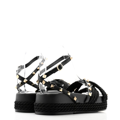 Valentino Garavani Calfskin Rockstud Torchon Flatform Espadrille Sandals 36 Black 4 of 8