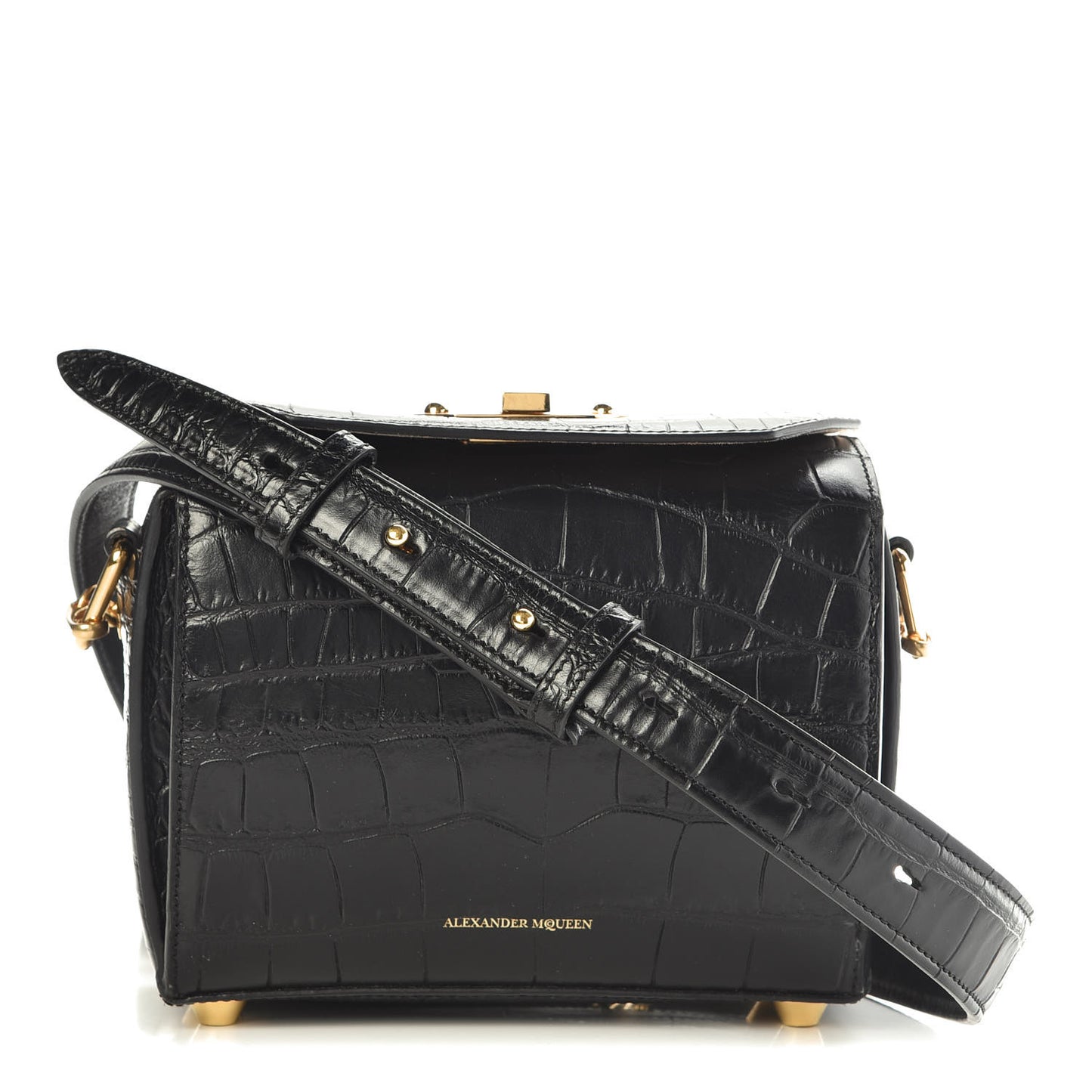 Calfskin Crocodile Embossed Box Shoulder Bag 19 Black
