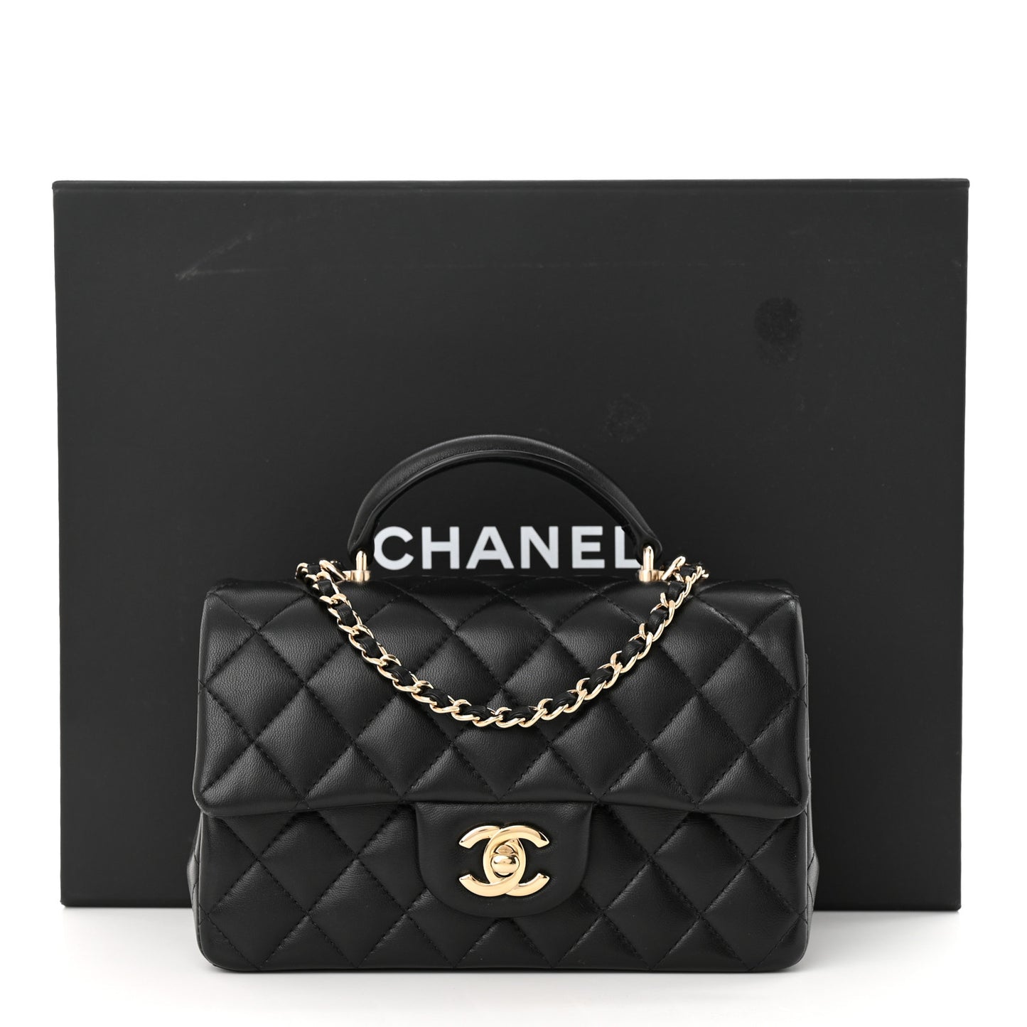 Lambskin Quilted Mini Top Handle Rectangular Flap Black