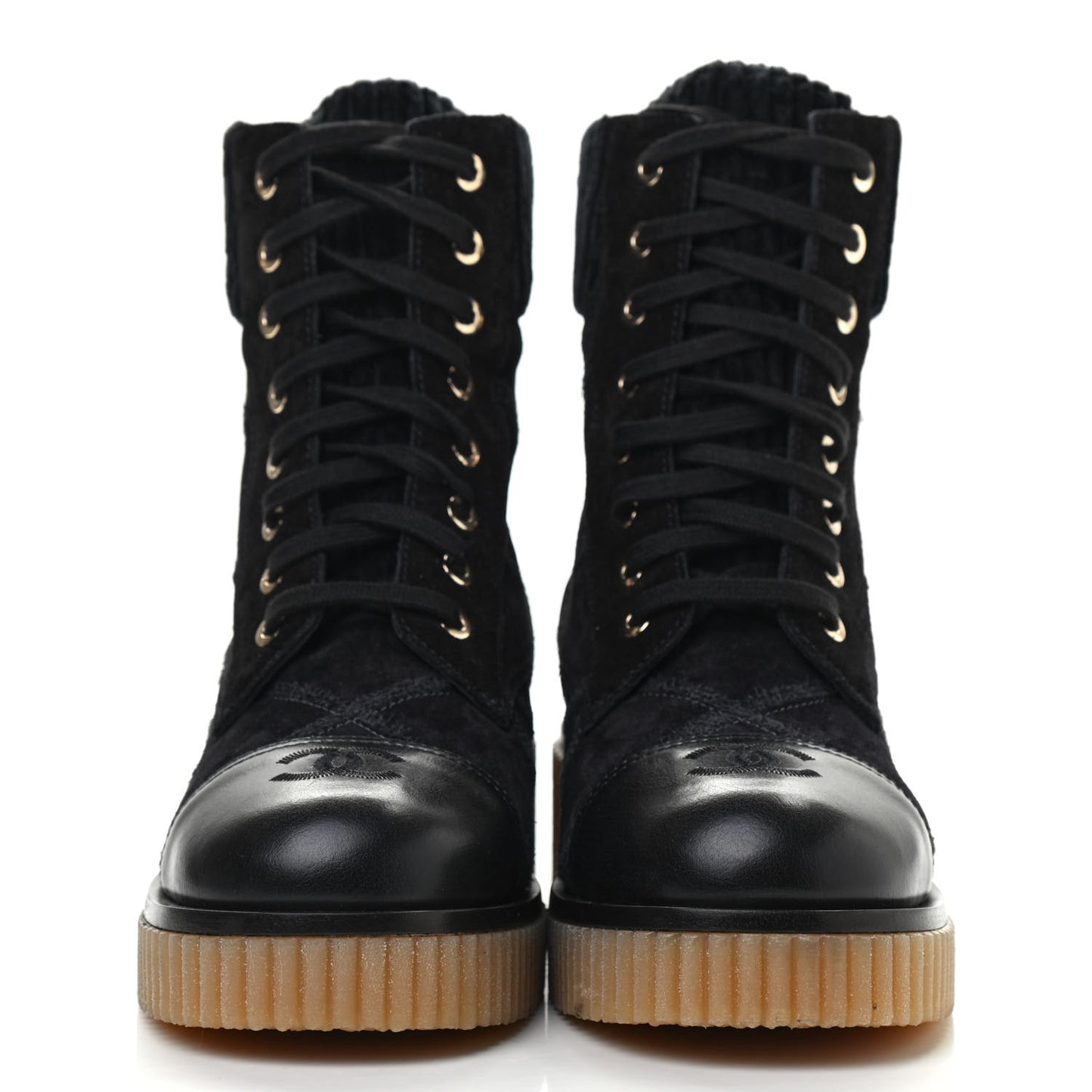 Suede Calfskin Velvet Quilted CC Combat Boots 37.5 Black